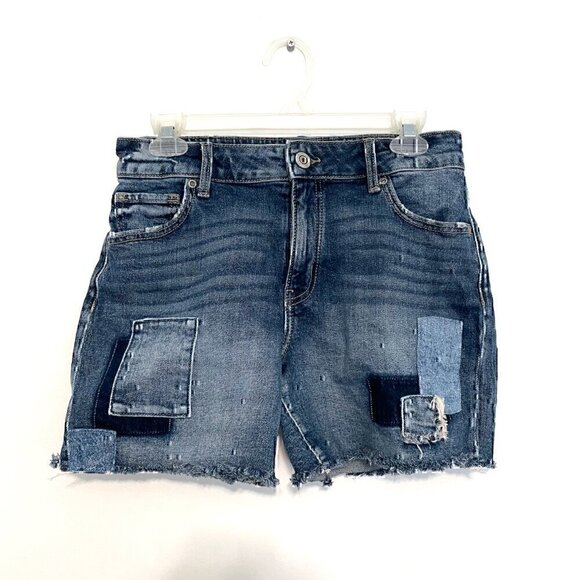 M JEANS BY MAURICES Patchwork Mid Rise 5 in Short Denim Jean Distressed Raw Hem - Picture 2 of 10